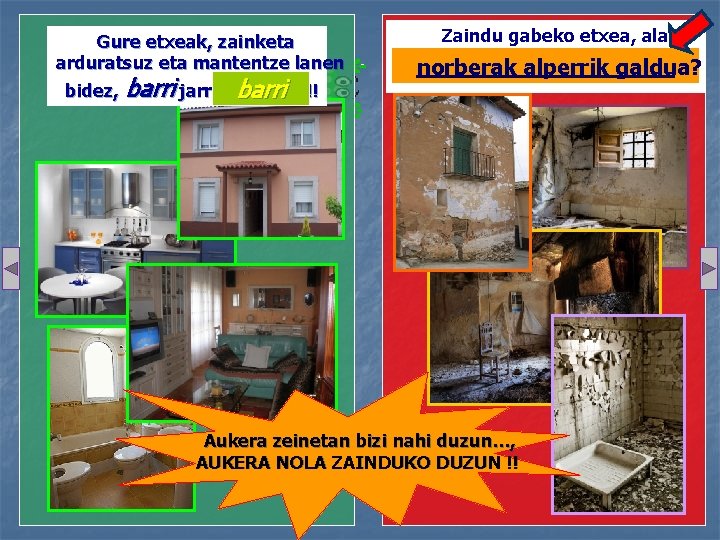 Gure etxeak, zainketa arduratsuz eta mantentze lanen bidez, barri jarraitzen barridu !!! Zaindu gabeko