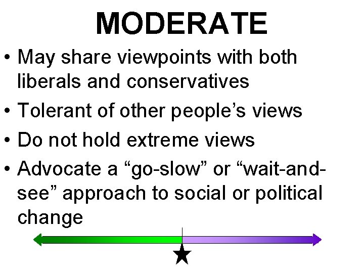 MODERATE • May share viewpoints with both liberals and conservatives • Tolerant of other MODERATE • May share viewpoints with both liberals and conservatives • Tolerant of other