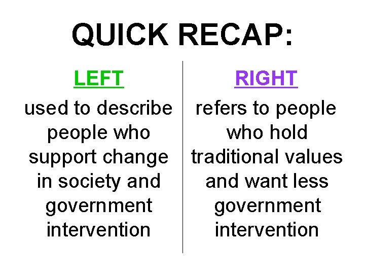 QUICK RECAP: LEFT RIGHT used to describe refers to people who hold support change