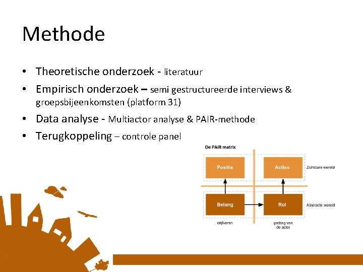 Methode • Theoretische onderzoek - literatuur • Empirisch onderzoek – semi gestructureerde interviews &