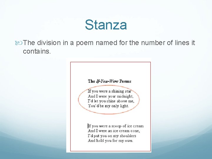 Stanza The division in a poem named for the number of lines it contains.