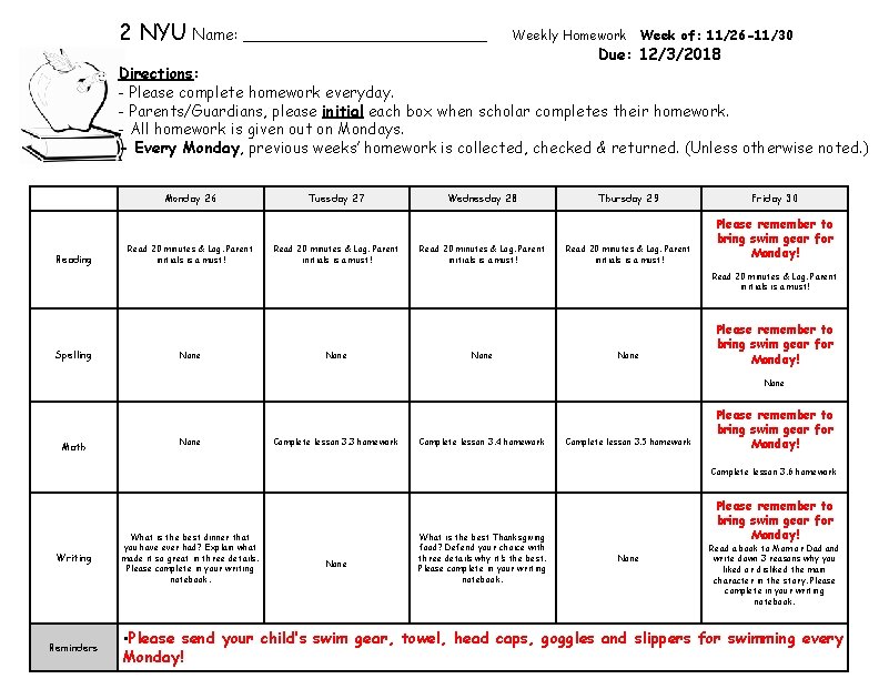 2 NYU Name: _____________ Weekly Homework Week of: 11/26 -11/30 Due: 12/3/2018 Directions: - 2 NYU Name: _____________ Weekly Homework Week of: 11/26 -11/30 Due: 12/3/2018 Directions: -
