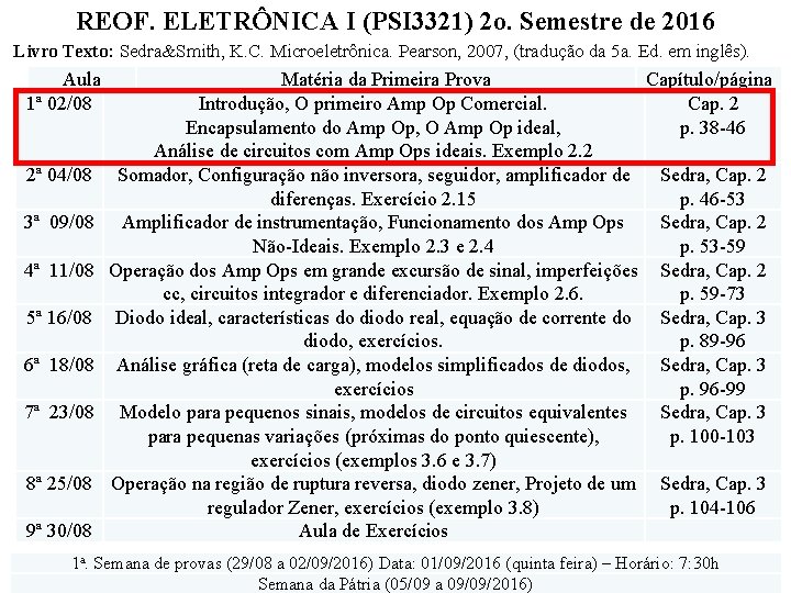 REOF. ELETRÔNICA I (PSI 3321) 2 o. Semestre de 2016 Livro Texto: Sedra&Smith, K.