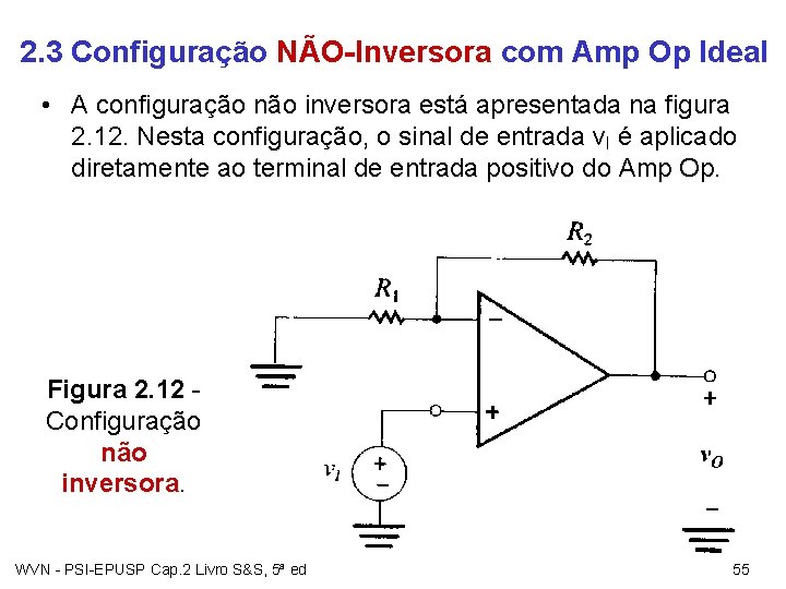 2. 3 Configuração NÃO-Inversora com Amp Op Ideal • A configuração não inversora está