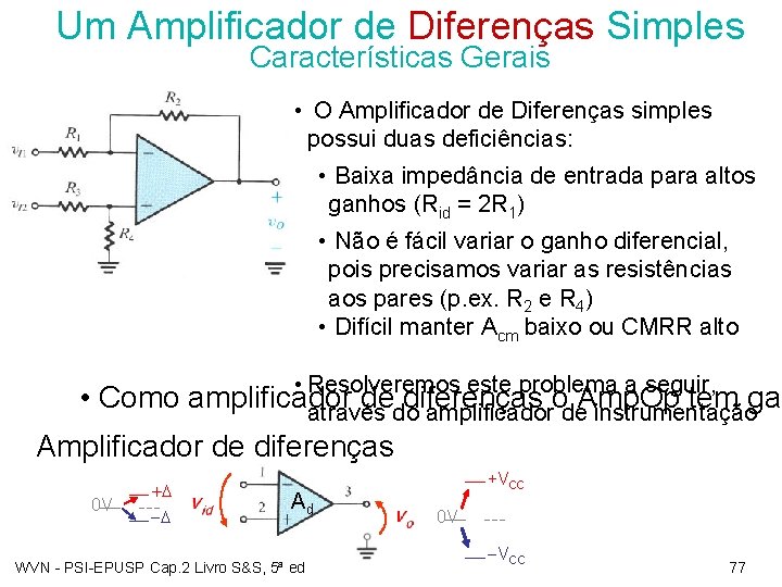 Um Amplificador de Diferenças Simples Características Gerais • O Amplificador de Diferenças simples possui