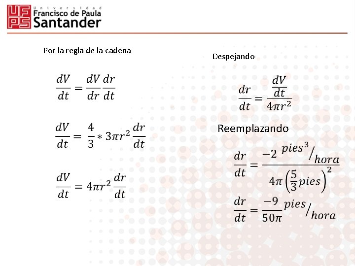 Por la regla de la cadena Despejando Reemplazando 