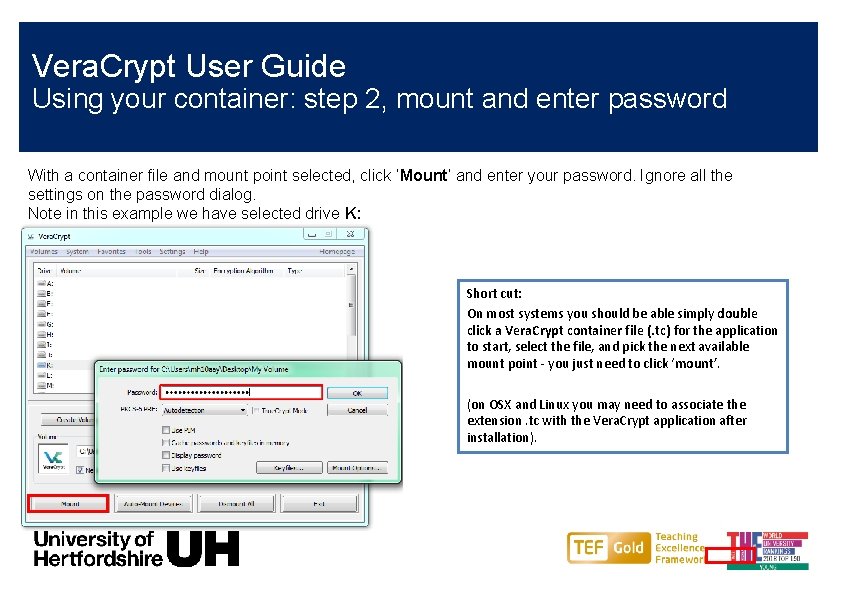 Vera. Crypt User Guide Using your container: step 2, mount and enter password With