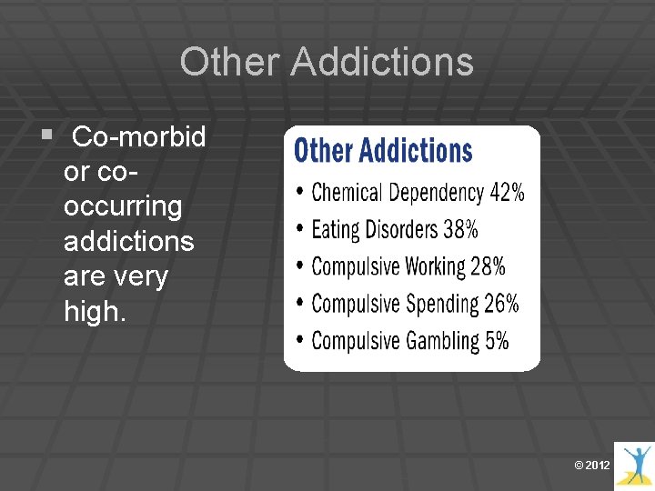 Other Addictions § Co-morbid or cooccurring addictions are very high. © 2012 Other Addictions § Co-morbid or cooccurring addictions are very high. © 2012