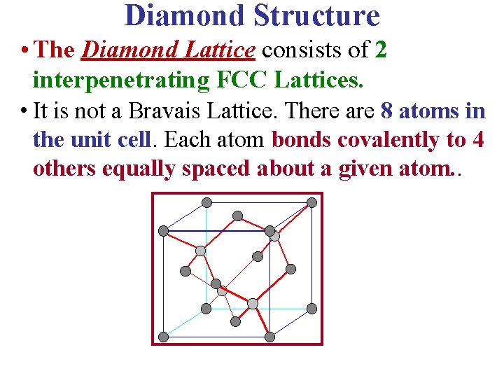 Diamond Structure • The Diamond Lattice consists of 2 interpenetrating FCC Lattices. • It