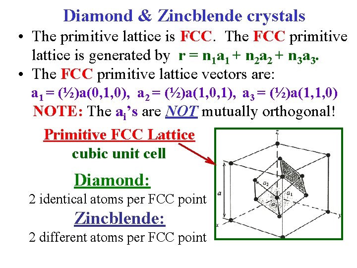 Diamond & Zincblende crystals • The primitive lattice is FCC. The FCC primitive lattice
