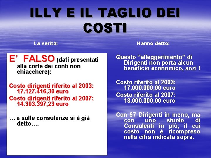 ILLY E IL TAGLIO DEI COSTI La verità: E’ FALSO (dati presentati alla corte