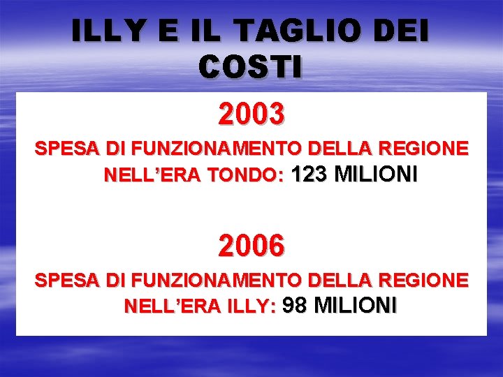ILLY E IL TAGLIO DEI COSTI 2003 SPESA DI FUNZIONAMENTO DELLA REGIONE NELL’ERA TONDO: