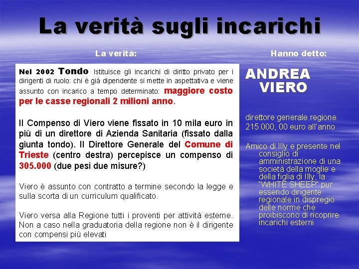 La verità sugli incarichi La verità: Nel 2002 Tondo Istituisce gli incarichi di diritto