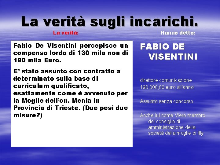 La verità sugli incarichi. La verità: Fabio De Visentini percepisce un compenso lordo di