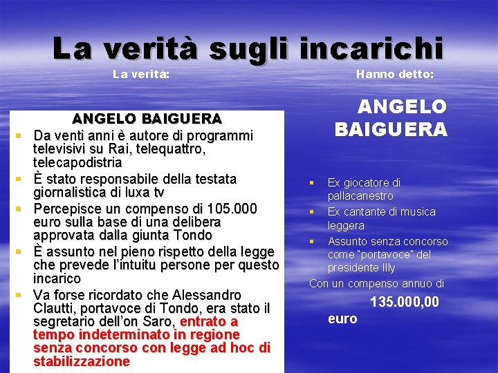 La verità sugli incarichi La verità: § § § ANGELO BAIGUERA Da venti anni