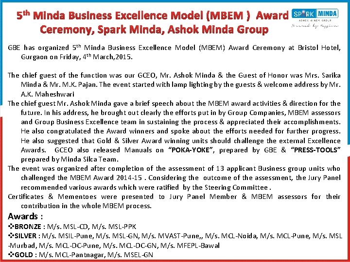 5 th Minda Business Excellence Model (MBEM ) Award Ceremony, Spark Minda, Ashok Minda