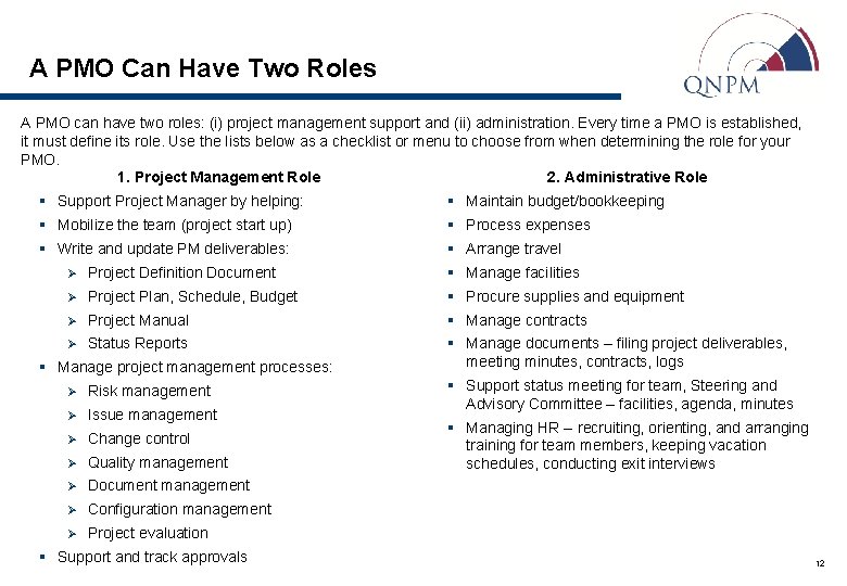 A PMO Can Have Two Roles A PMO can have two roles: (i) project