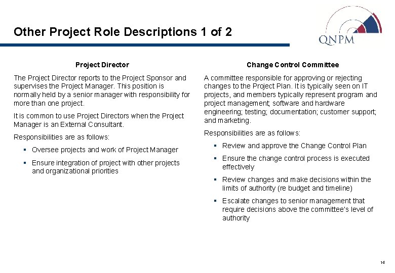 Other Project Role Descriptions 1 of 2 Project Director Change Control Committee The Project