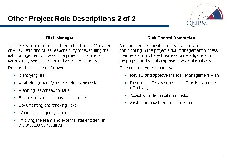 Other Project Role Descriptions 2 of 2 Risk Manager Risk Control Committee The Risk