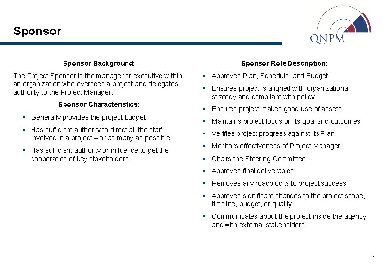 Sponsor Background: The Project Sponsor is the manager or executive within an organization who