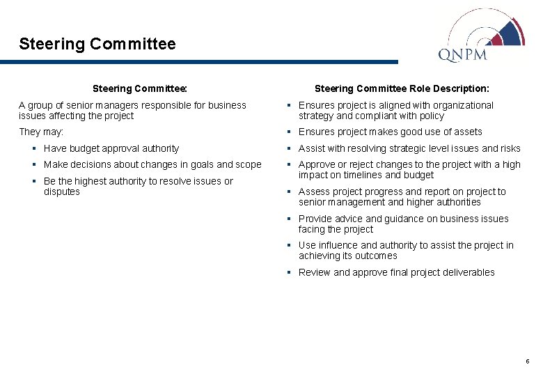 Steering Committee: Steering Committee Role Description: A group of senior managers responsible for business