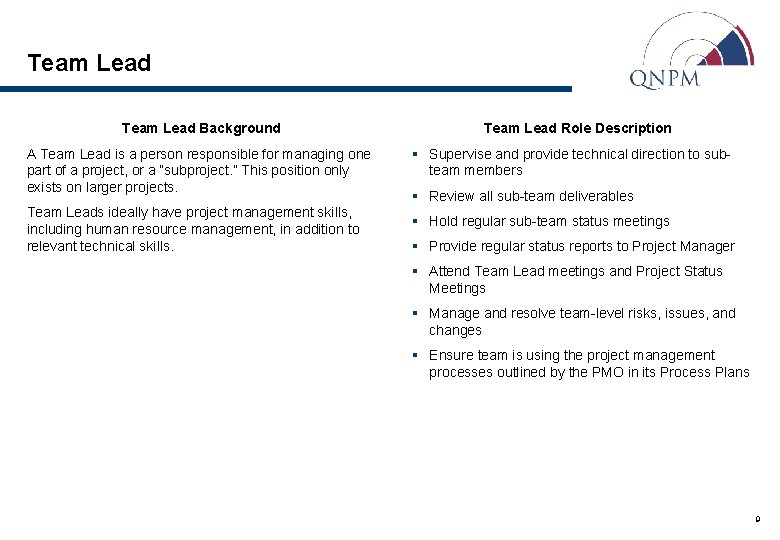 Team Lead Background A Team Lead is a person responsible for managing one part