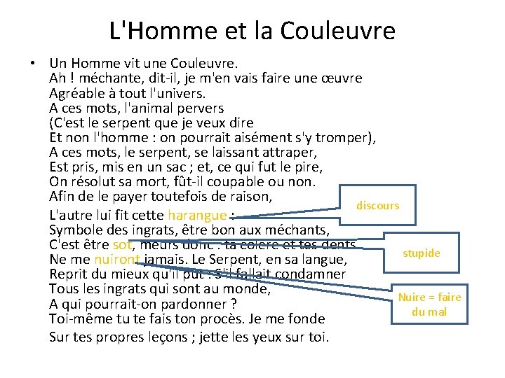 L'Homme et la Couleuvre • Un Homme vit une Couleuvre. Ah ! méchante, dit-il,