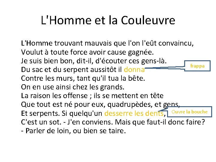 L'Homme et la Couleuvre L'Homme trouvant mauvais que l'on l'eût convaincu, Voulut à toute