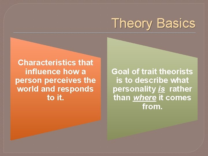 Theory Basics Characteristics that influence how a person perceives the world and responds to