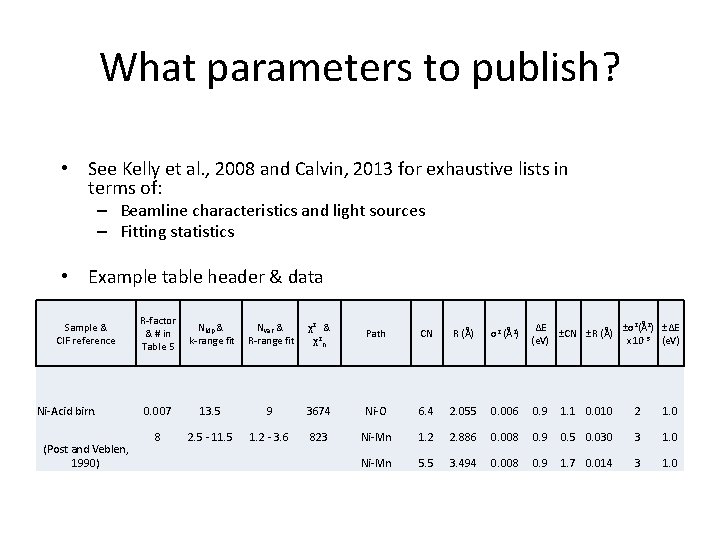 What parameters to publish? • See Kelly et al. , 2008 and Calvin, 2013