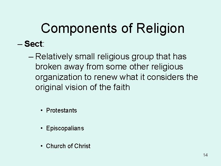 Components of Religion – Sect: – Relatively small religious group that has broken away Components of Religion – Sect: – Relatively small religious group that has broken away