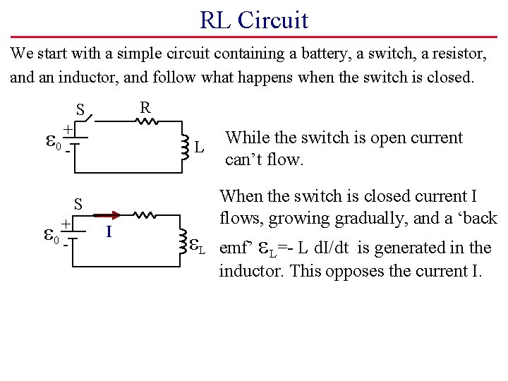 RL Circuit We start with a simple circuit containing a battery, a switch, a