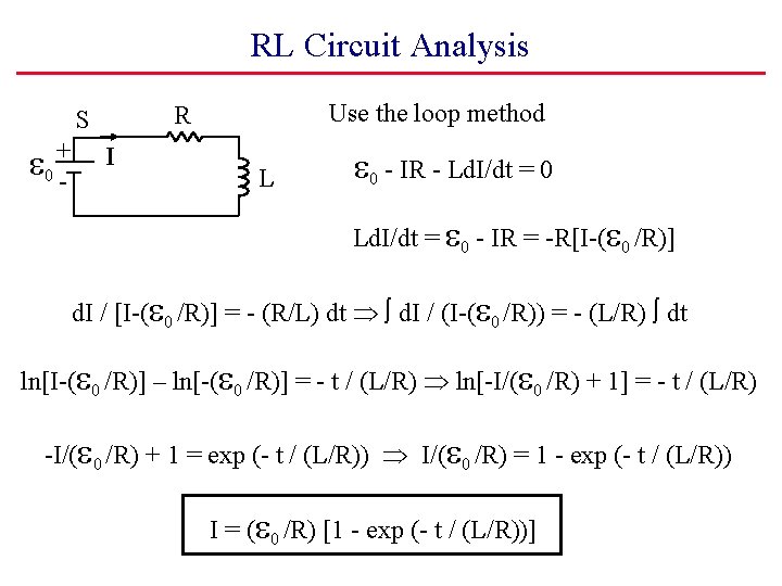 RL Circuit Analysis + 0 - Use the loop method R S I L