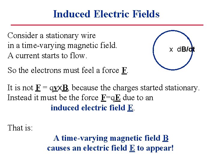 Induced Electric Fields Consider a stationary wire in a time-varying magnetic field. A current