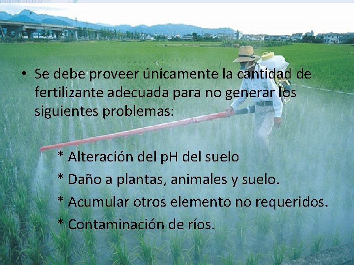  • Se debe proveer únicamente la cantidad de fertilizante adecuada para no generar