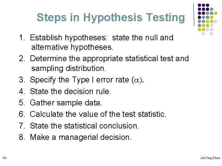 Steps in Hypothesis Testing 1. Establish hypotheses: state the null and alternative hypotheses. 2.