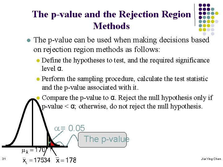 The p-value and the Rejection Region Methods l The p-value can be used when