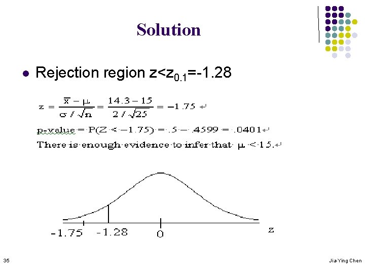 Solution l 35 Rejection region z<z 0. 1=-1. 28 Jia-Ying Chen 