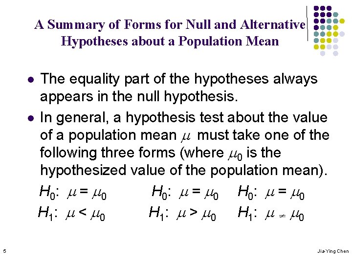 A Summary of Forms for Null and Alternative Hypotheses about a Population Mean The