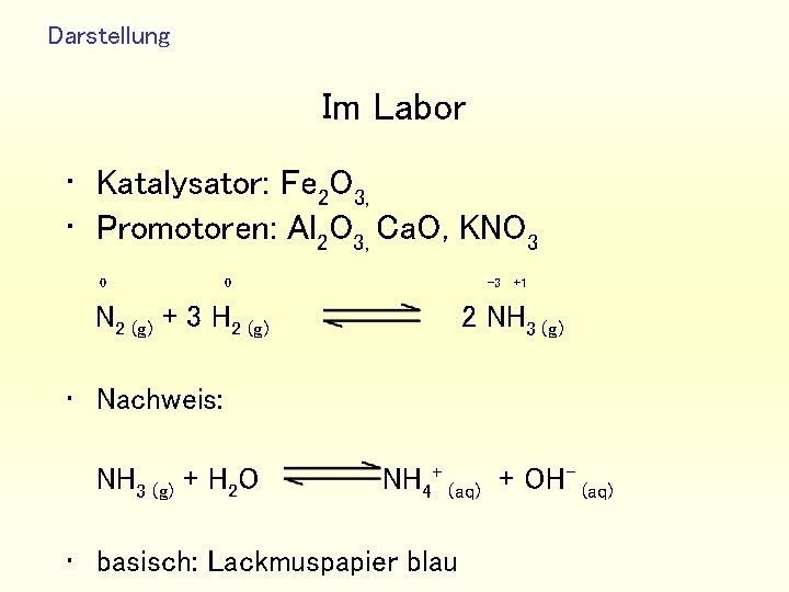 Darstellung Im Labor • Katalysator: Fe 2 O 3, • Promotoren: Al 2 O