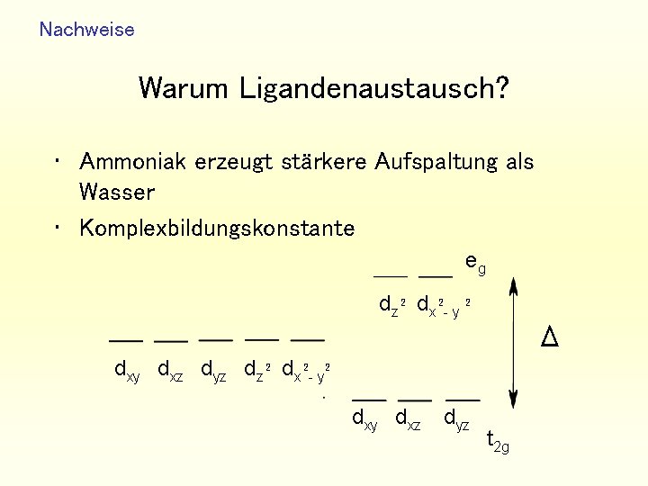 Nachweise Warum Ligandenaustausch? • Ammoniak erzeugt stärkere Aufspaltung als Wasser • Komplexbildungskonstante eg 2