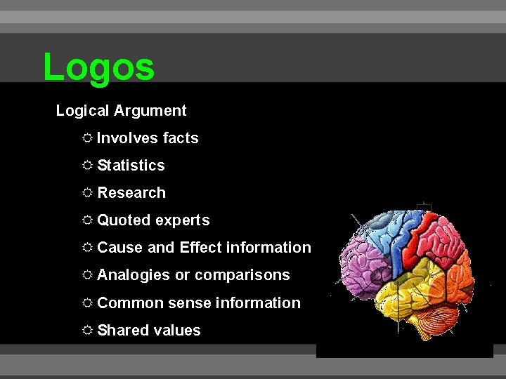 Logos Logical Argument Involves facts Statistics Research Quoted experts Cause and Effect information Analogies