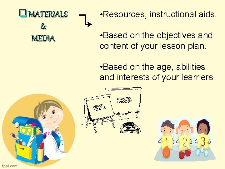 q MATERIALS & MEDIA • Resources, instructional aids. • Based on the objectives and