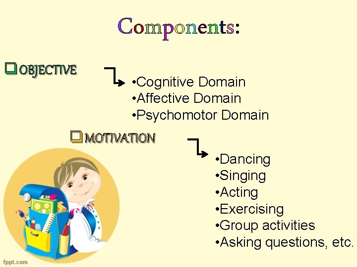 Components: q OBJECTIVE • Cognitive Domain • Affective Domain • Psychomotor Domain q MOTIVATION
