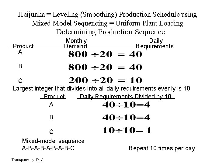 Heijunka = Leveling (Smoothing) Production Schedule using Mixed Model Sequencing = Uniform Plant Loading Heijunka = Leveling (Smoothing) Production Schedule using Mixed Model Sequencing = Uniform Plant Loading