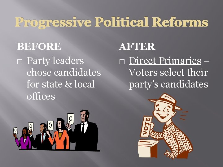 Progressive Political Reforms BEFORE � Party leaders chose candidates for state & local offices