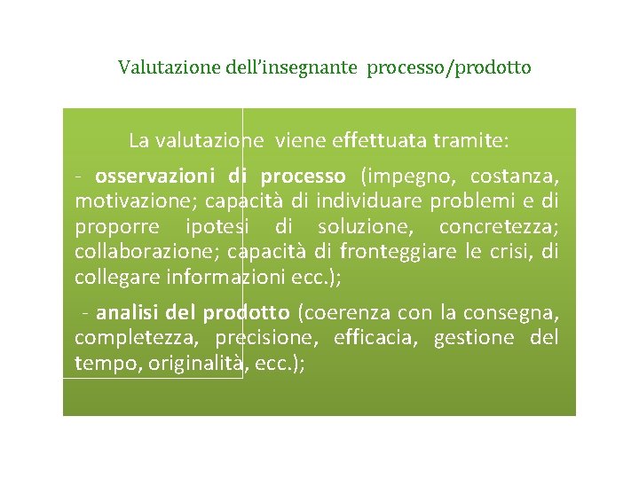 Valutazione dell’insegnante processo/prodotto La valutazione viene effettuata tramite: - osservazioni di processo (impegno, costanza,