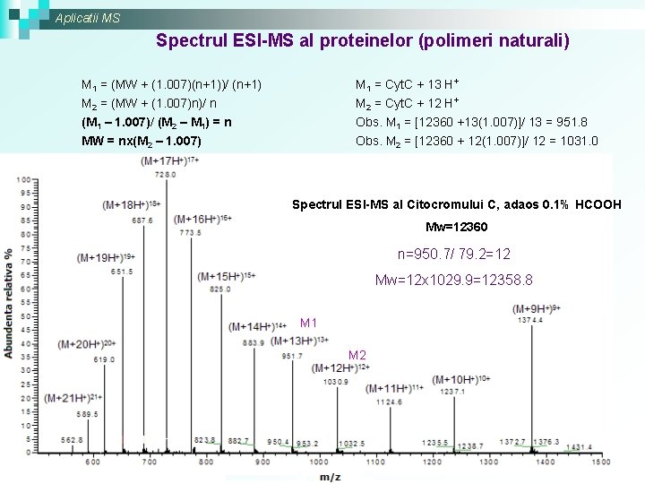 Aplicatii MS Spectrul ESI-MS al proteinelor (polimeri naturali) M 1 = (MW + (1.