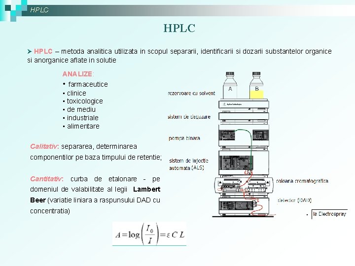 HPLC Ø HPLC – metoda analitica utilizata in scopul separarii, identificarii si dozarii substantelor