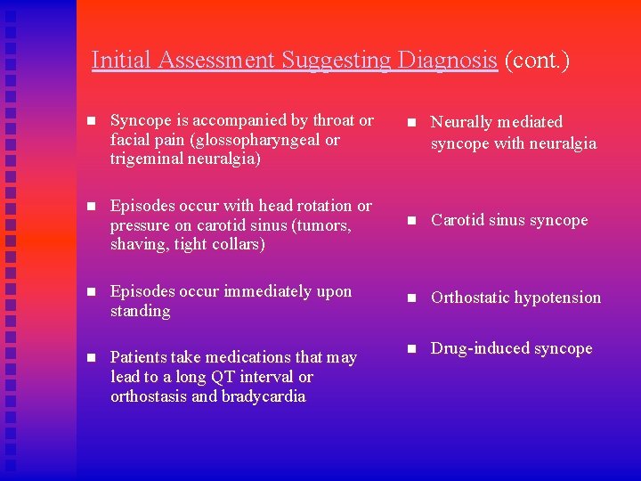 Initial Assessment Suggesting Diagnosis (cont. ) n Syncope is accompanied by throat or facial